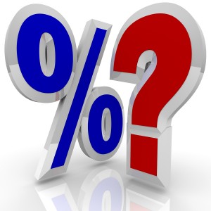 A percentage symbol stands beside a question mark, illustrating the questioning of whether a certain interest percent rate is best or if more comparisons and searching should be done